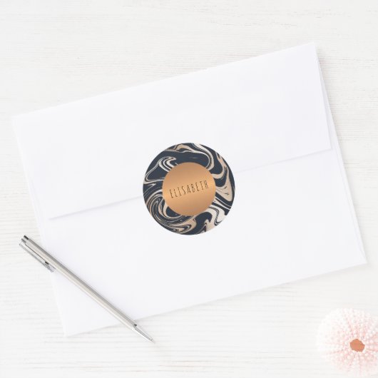 Zwart blush marmer en koper metallic cirkel naam ronde sticker (Envelop)