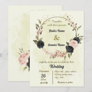 zwart blush roze bloemen botanische bruiloft kaart