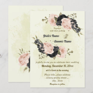 zwart blush roze bloemen botanische bruiloft kaart