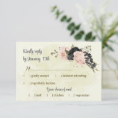 zwart blush roze bloemen botanische bruiloft RSVP kaartje (Staand voorkant)
