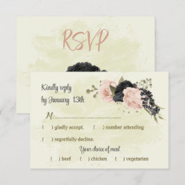 zwart blush roze bloemen botanische bruiloft RSVP kaartje