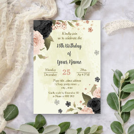Zwart Blush Roze Bloemen Botanische verjaardag Kaart