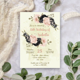 Zwart Blush Roze Bloemen Botanische verjaardag Kaart