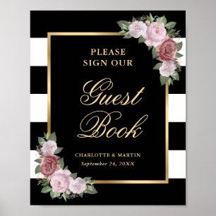 Zwart Blush Roze Bloemen Trouwen Guest Book Sign Poster