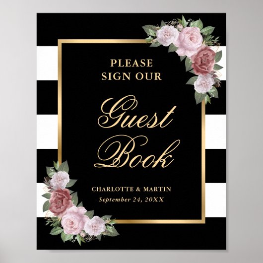 Zwart Blush Roze Bloemen Trouwen Guest Book Sign Poster (Voorkant)