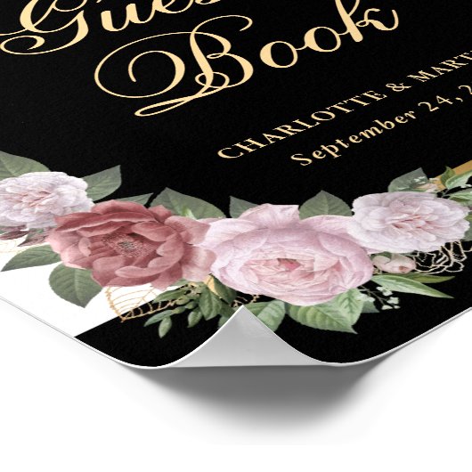 Zwart Blush Roze Bloemen Trouwen Guest Book Sign Poster (Hoek)