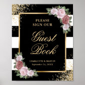 Zwart Blush Roze Bloemen Trouwen Guest Book Sign Poster (Voorkant)