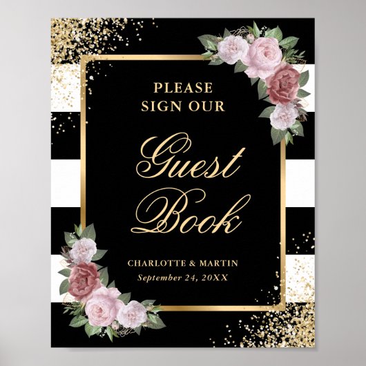 Zwart Blush Roze Bloemen Trouwen Guest Book Sign Poster (Voorkant)