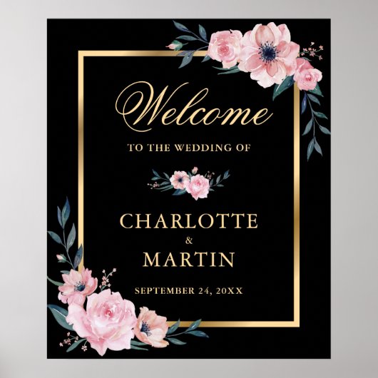 Zwart Blush Roze Goud Bloemen Huwelijk Welkom Teke Poster (Voorkant)