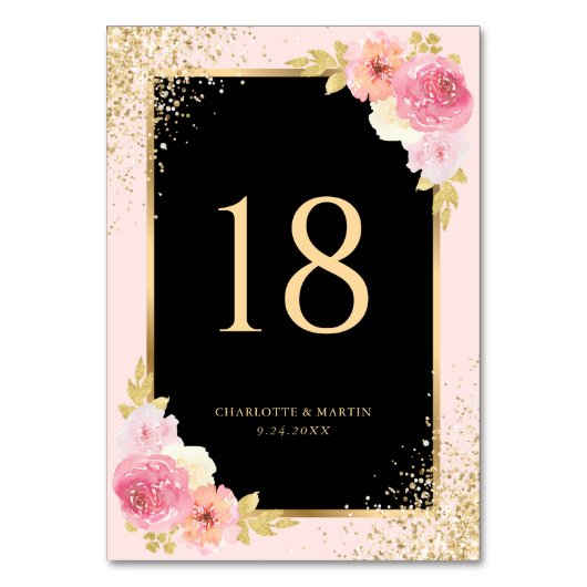 Zwart Blush Roze Goud Confetti Waterverf Bloemen Kaart (Voorkant)