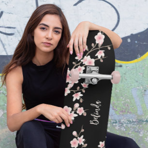 Zwart BLUSH Roze Kersenbloesem Monogram Persoonlijk Skateboard