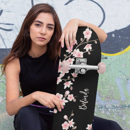 Zwart BLUSH Roze Kersenbloesem Monogram Persoonlijk Skateboard