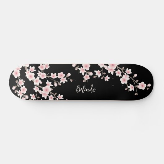 Zwart BLUSH Roze Kersenbloesem Monogram Persoonlijk Skateboard (Horizontaal)