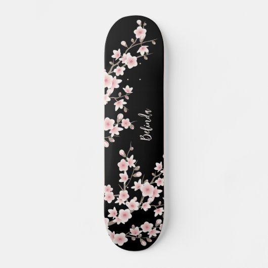 Zwart BLUSH Roze Kersenbloesem Monogram Persoonlijk Skateboard (Voorkant)
