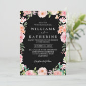 Zwart Blush Roze & Perzik Bloem Boeket Bruiloft Kaart (Staand voorkant)