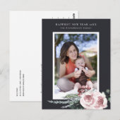 ZWART BLUSH ROZE ROOS HOLLY BERRY NIEUWJAARSFOTO BRIEFKAART (Voorkant / Achterkant)