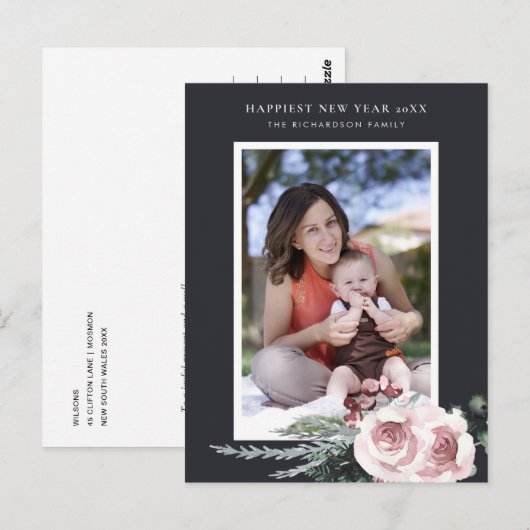 ZWART BLUSH ROZE ROOS HOLLY BERRY NIEUWJAARSFOTO BRIEFKAART (Voorkant / Achterkant)