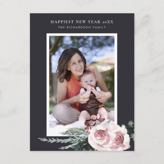 ZWART BLUSH ROZE ROOS HOLLY BERRY NIEUWJAARSFOTO BRIEFKAART (Voorkant)
