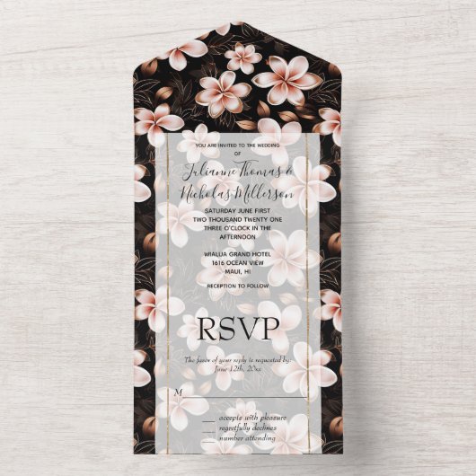 Zwart Blush Roze Rose Goud Bloemen All In One Uitnodiging (Binnen)