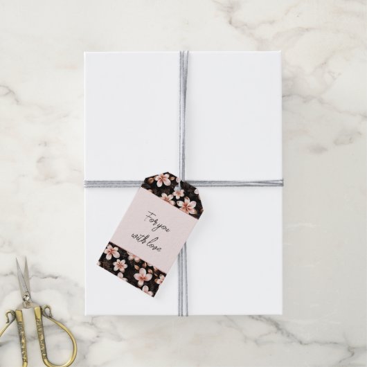 Zwart Blush Roze Rose Goud Bloemen Cadeaulabel (Met Touw)