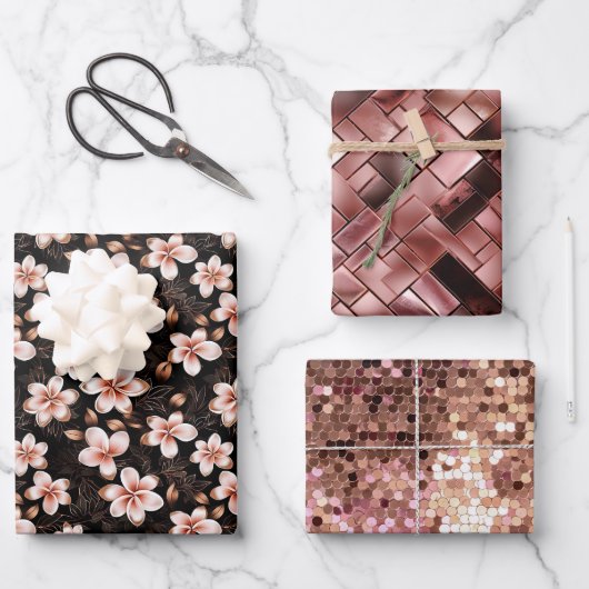 Zwart Blush Roze Rose Goud Bloemen Inpakpapier Vel (Voorkant)