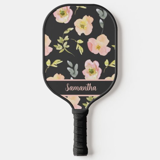 Zwart Blush Roze Waterverf Bloemen Naam Pickleball Paddle (Voorkant)