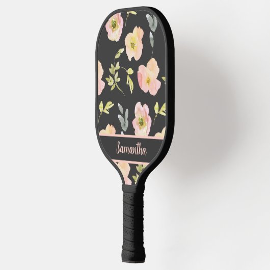 Zwart Blush Roze Waterverf Bloemen Naam Pickleball Paddle (Links)