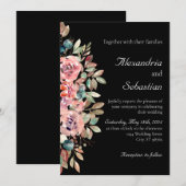 Zwart Blush Waterverf Floral Foliage Bruiloft Kaart (Voorkant / Achterkant)