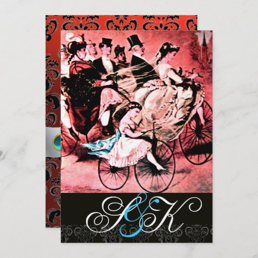 ZWART BLUW ROOD FIETS TROUW DAMAST MONOGRAM KAART (Voorkant / Achterkant)