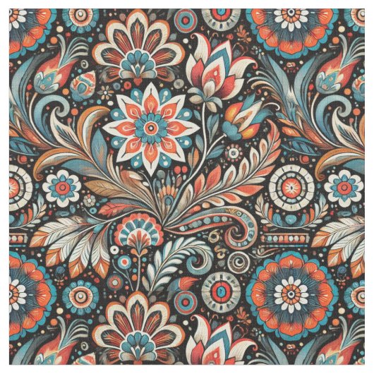 Zwart Boheems Bloemenweefsel Stof (Close Up)