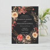 Zwart Boho Bloemen Bruiloft Uitnodiging Elegant Ch (Staand voorkant)