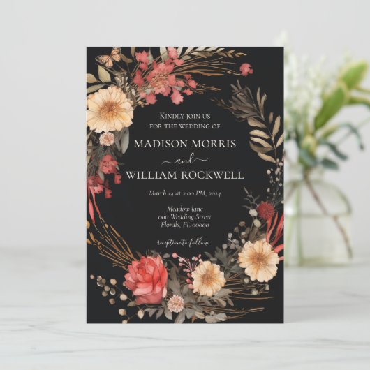 Zwart Boho Bloemen Bruiloft Uitnodiging Elegant Ch (Staand voorkant)