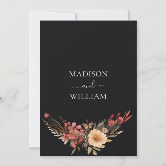 Zwart Boho Bloemen Bruiloft Uitnodiging Elegant Ch (Achterkant)