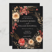 Zwart Boho Bloemen Bruiloft Uitnodiging Elegant Ch (Voorkant / Achterkant)