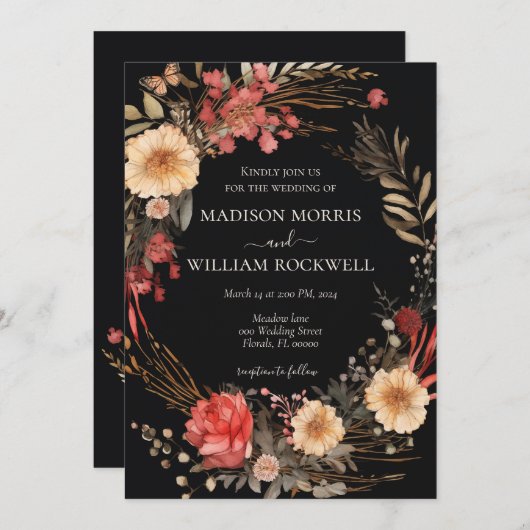 Zwart Boho Bloemen Bruiloft Uitnodiging Elegant Ch (Voorkant / Achterkant)