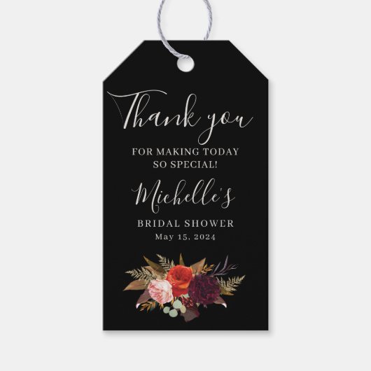 Zwart Boho Bloemen Vrijgezellenfeest Cadeaulabel (Voorkant)