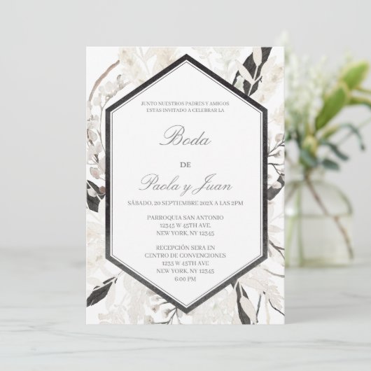 Zwart boho bruiloft en español kaart (Staand voorkant)