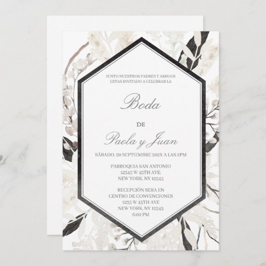 Zwart boho bruiloft en español kaart (Voorkant / Achterkant)