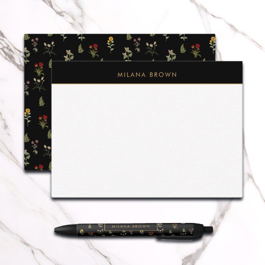 Zwart Boho Chic Wildflower Patroon Notitiekaartje