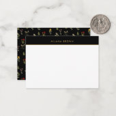 Zwart Boho Chic Wildflower Patroon Notitiekaartje (Voorkant / Achterkant in situ)