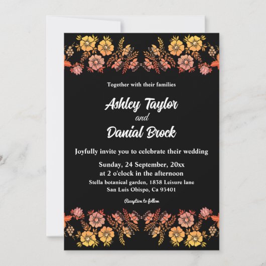 Zwart Boho Neon Rozen Romantisch Bloemen Bruiloft Kaart (Voorkant)