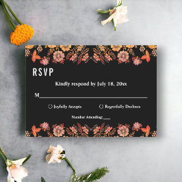 Zwart Boho Neon Rozen Romantisch Bloemen Bruiloft RSVP Kaartje