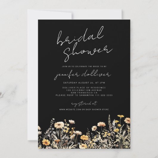 Zwart Boho Wildflower Elegant Vrijgezellenfeest Kaart (Voorkant)