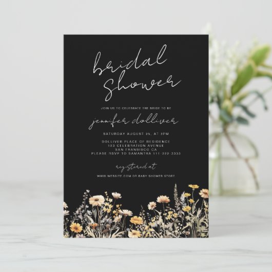 Zwart Boho Wildflower Elegant Vrijgezellenfeest Kaart (Staand voorkant)