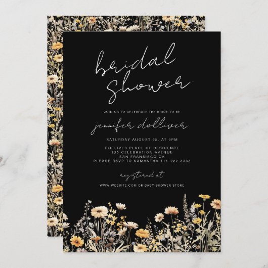 Zwart Boho Wildflower Elegant Vrijgezellenfeest Kaart (Voorkant / Achterkant)