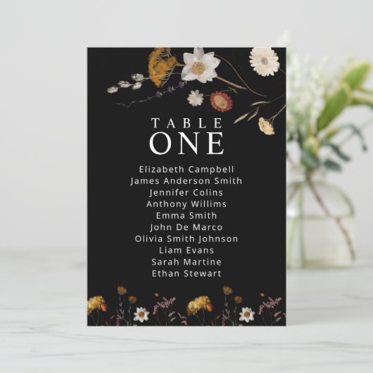 Zwart Boho Wildflower Tafel Zitplank Kaarten (Staand voorkant)