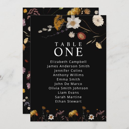 Zwart Boho Wildflower Tafel Zitplank Kaarten (Voorkant / Achterkant)