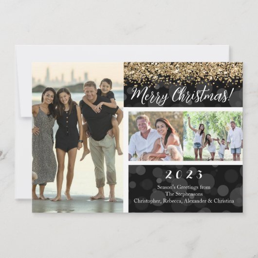 Zwart Bokeh Goud Glitter 3-foto Vrolijk Kerstfeest Kaart (Voorkant)