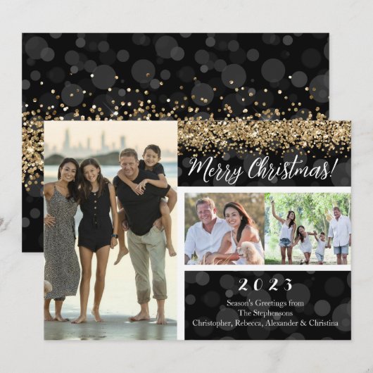 Zwart Bokeh Goud Glitter 3-foto Vrolijk Kerstfeest Kaart (Voorkant / Achterkant)