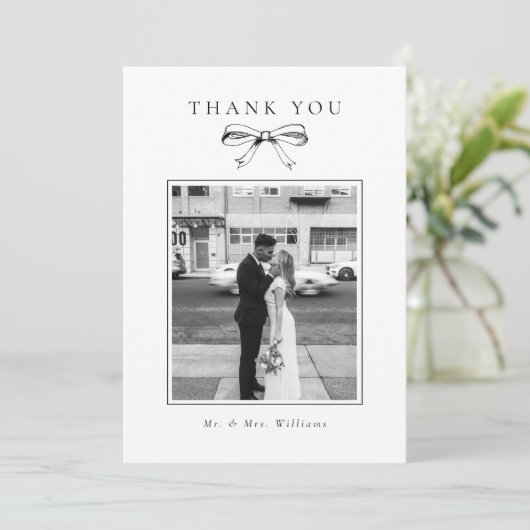  zwart boog foto platte bruiloft bedankkaart (Staand voorkant)